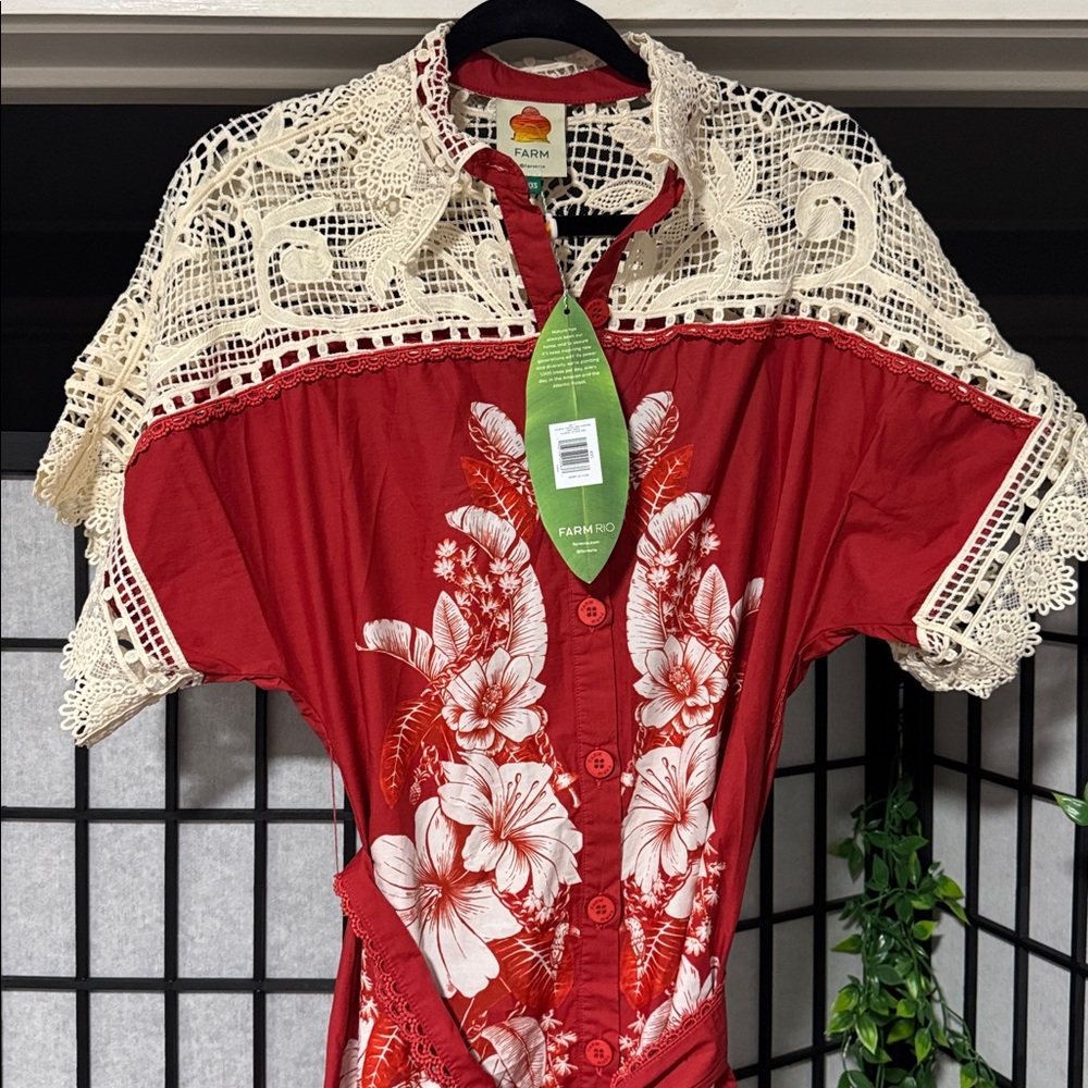 Farm Rio XXS Red Floral Chains Guipure Midi Dress - Picture 8 of 12